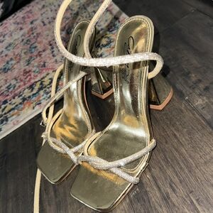 Cathy Din Gold Rhinestone Square Toe Strappy Heels